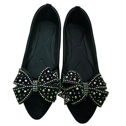 Women's Velvet Ballet Flats with Crystal Bow, Black, Multi Colour - Image 3