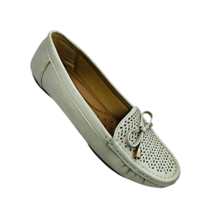 Women Loafer, Slip-On Moccasins with Bow, White - Image 5